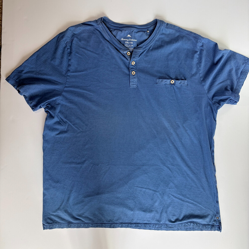 Tommy Bahama Henley T-Shirt Blue Cotton XXL TTG Pocket Short Sleeve